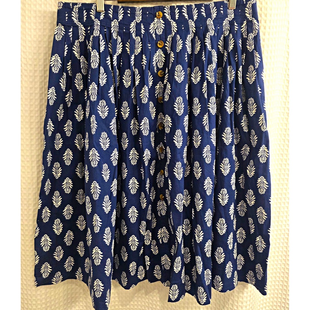 NEW J.CREW Women's 2XL Blue White Floral Midi A-Line Skirt Button Front Elastic